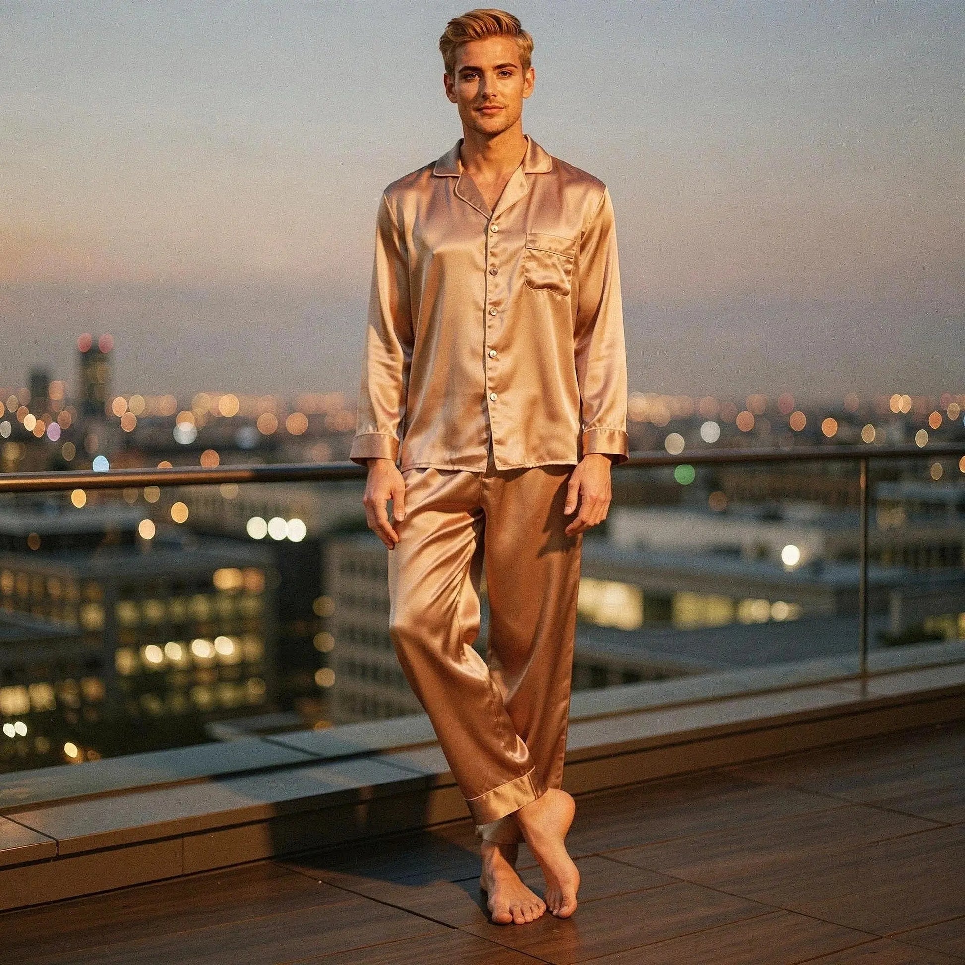 View of a pure silk long sleeve pajama set in soft gray with a relaxed fit and notch collar