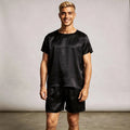 Light gray short sleeve pajama set with a round neck and matching shorts, view