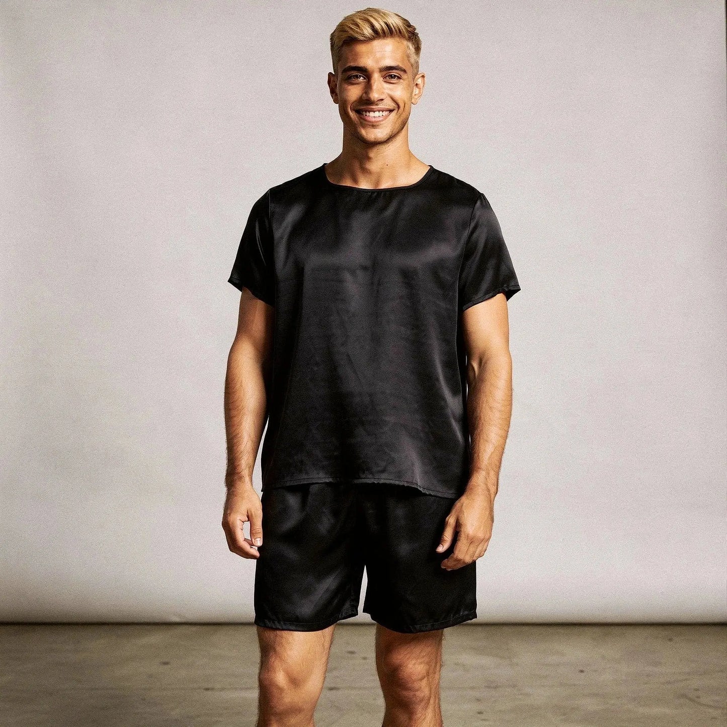 Light gray short sleeve pajama set with a round neck and matching shorts, view