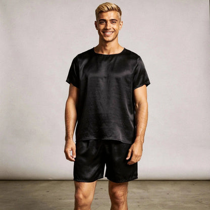 Light gray short sleeve pajama set with a round neck and matching shorts, view