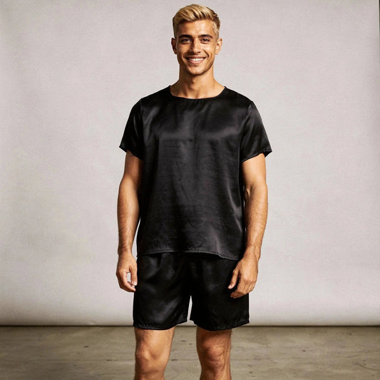 Light gray short sleeve pajama set with a round neck and matching shorts, view