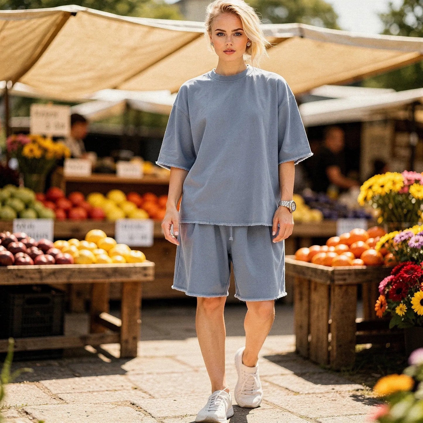 View of a relaxed fit crew neck short sleeve casual midi dress in soft fabric, featuring a flowing silhouette and a solid color