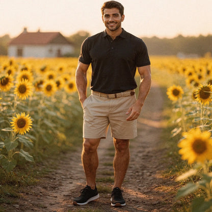 View of a slim fit short sleeve v neck casual polo shirt in light gray, featuring a soft cotton blend material