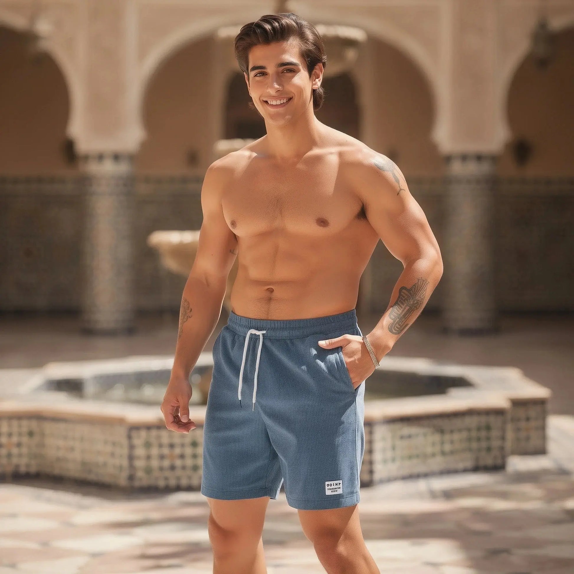 View of relaxed fit drawstring corduroy shorts in light beige, showcasing soft texture and adjustable waistband