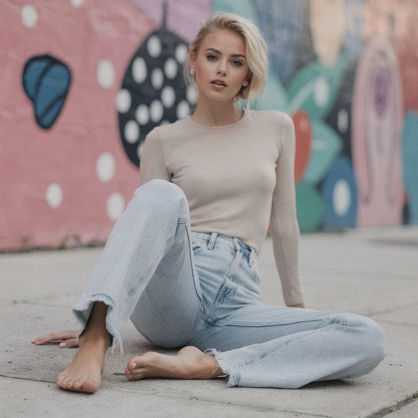 Light blue slim fit casual jeans with distressed detailing and ripped accents, view showcasing fabric texture