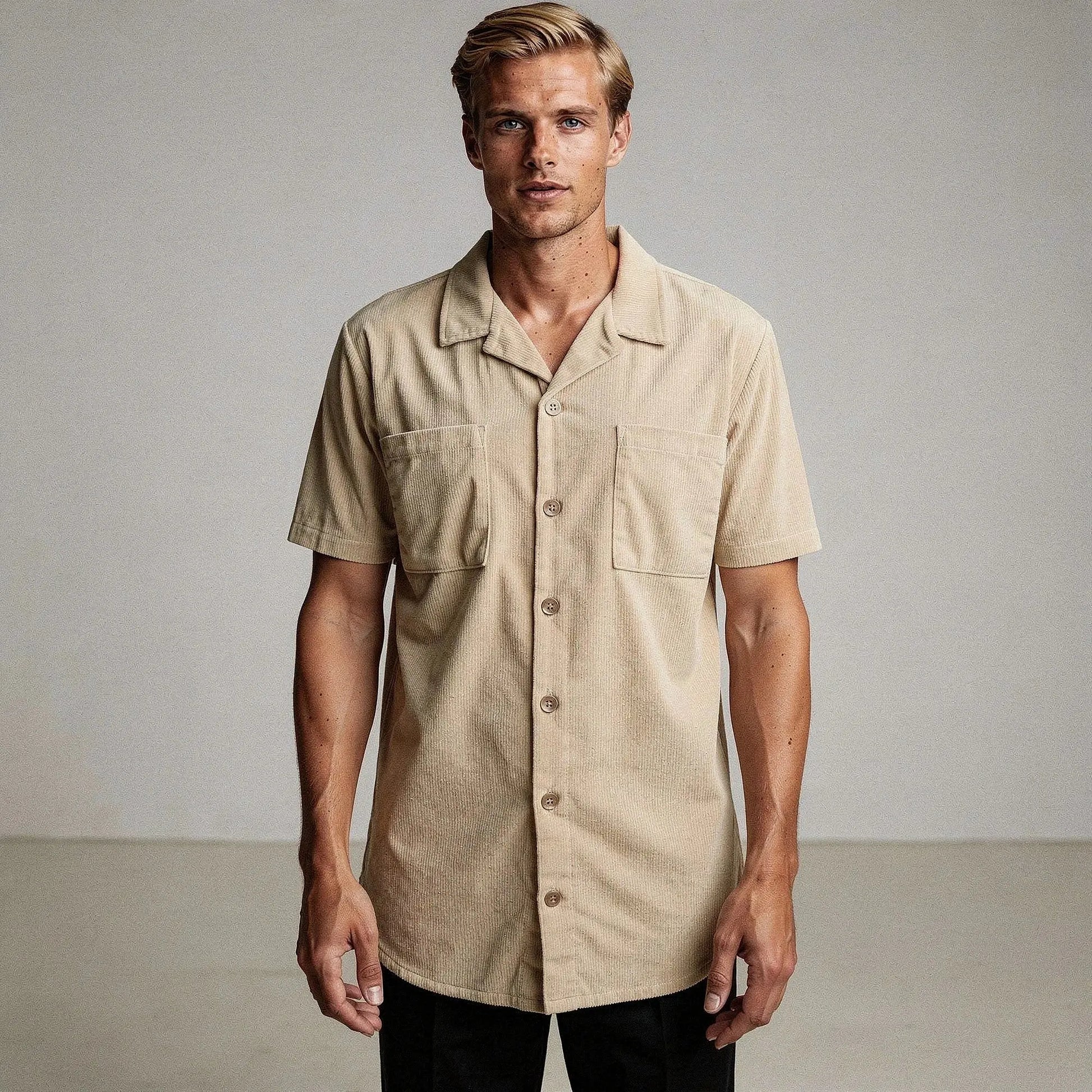 Light blue short sleeve camp collar shirt made of soft cotton, featuring a relaxed fit and view