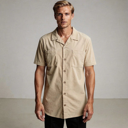 Light blue short sleeve camp collar shirt made of soft cotton, featuring a relaxed fit and view