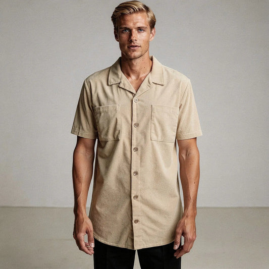 Light blue short sleeve camp collar shirt made of soft cotton, featuring a relaxed fit and view