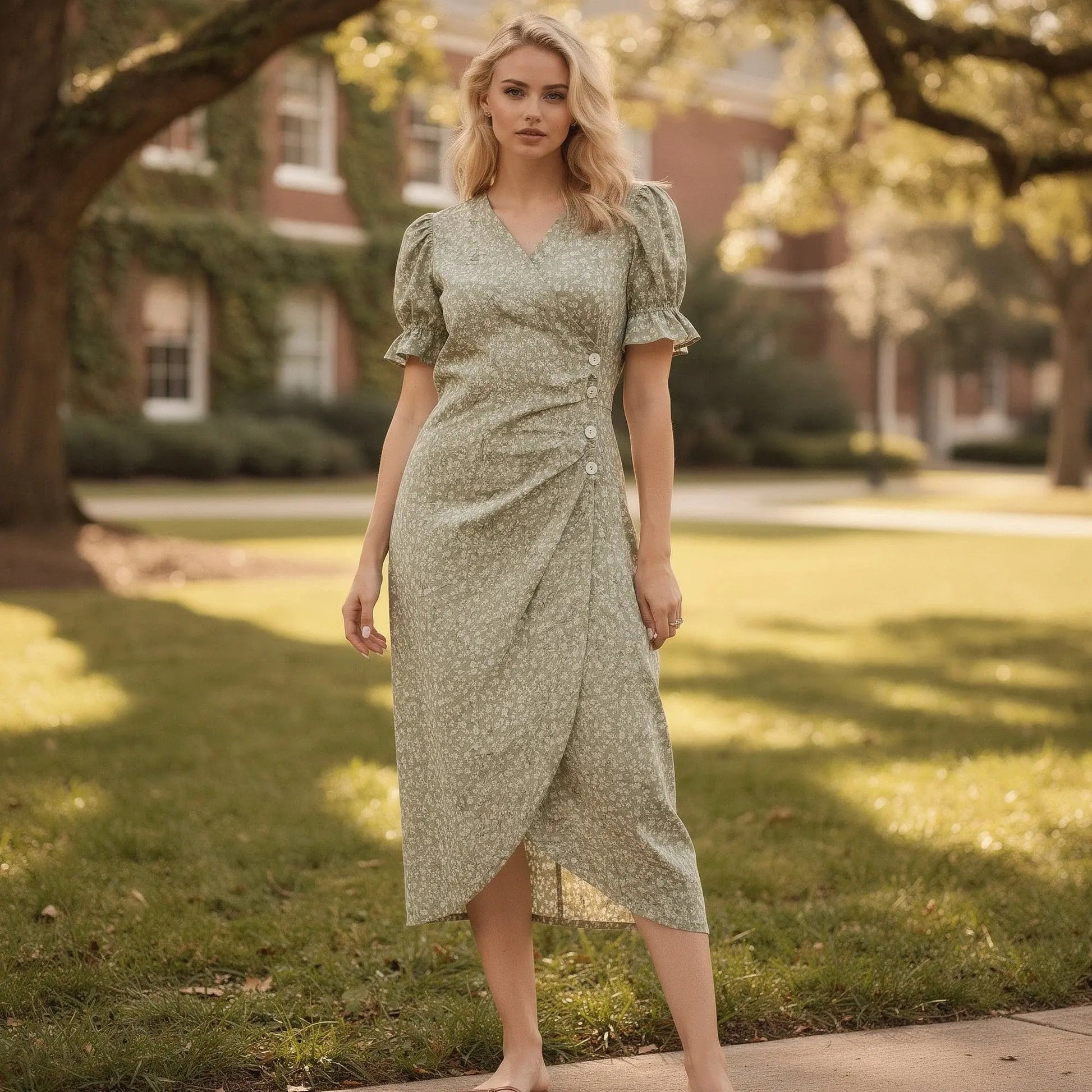 View of a flowy wrap midi dress featuring puff sleeves, soft fabric, and a vibrant floral pattern in shades of pink and green