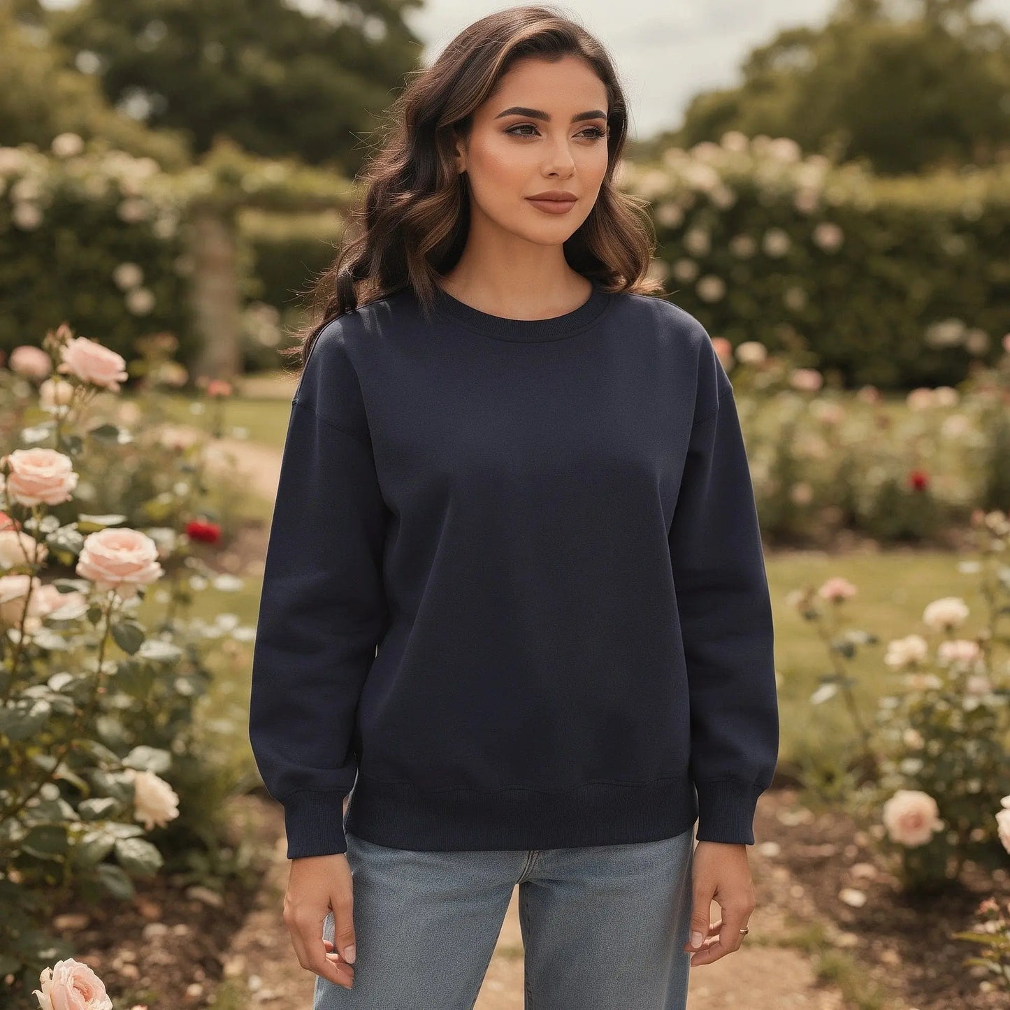 Light gray relaxed fit crew neck sweatshirt with long sleeves and ribbed cuffs, view showcasing the soft fabric texture