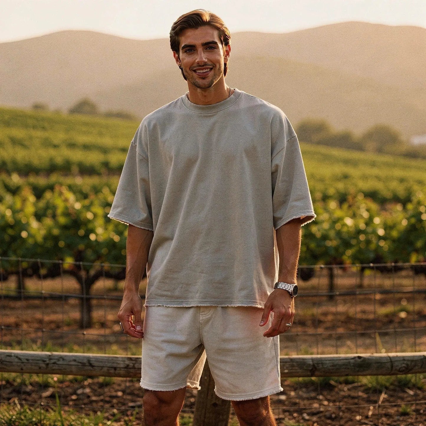 View of a relaxed fit crew neck short sleeve sports set in light gray, showcasing soft cotton material and stitching details