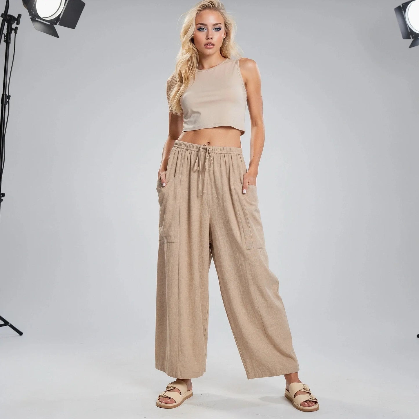 View of relaxed fit high rise wide leg comfort pants in soft fabric, featuring a versatile neutral color for casual wear