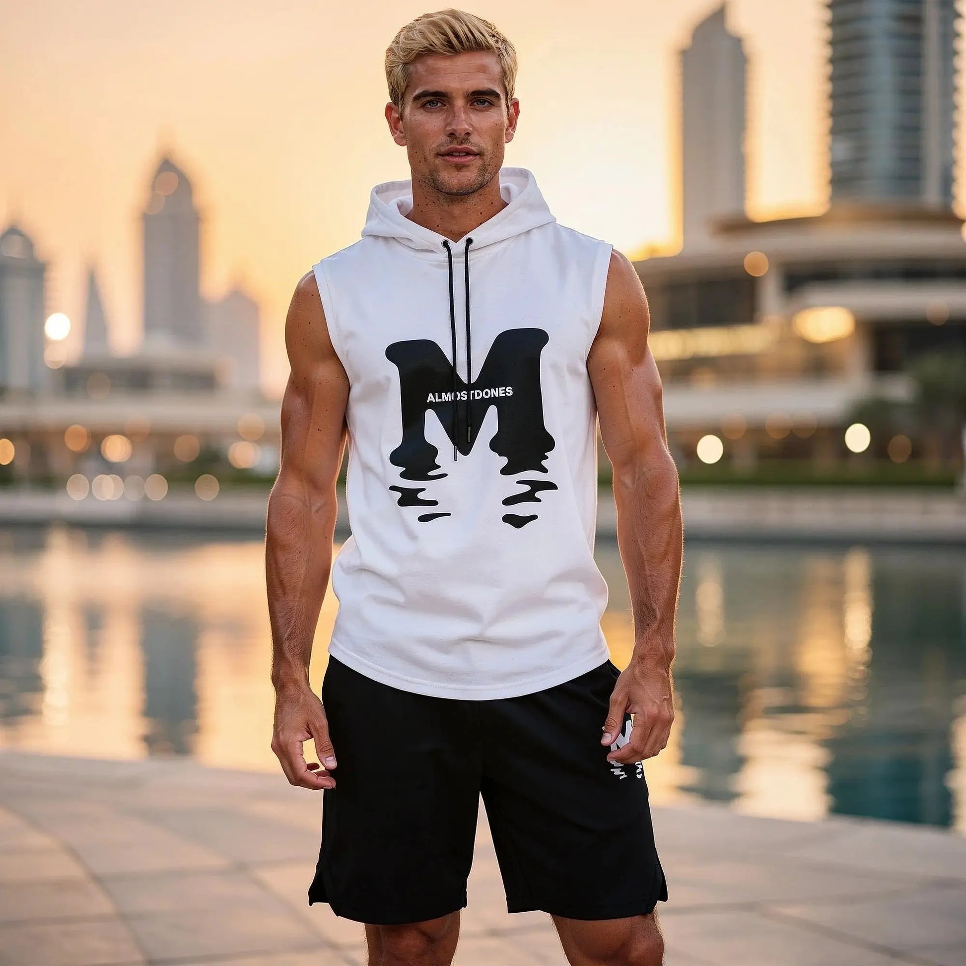 View of a relaxed fit sleeveless casual summer t shirt and shorts set in light gray, featuring soft cotton material and a comfortable design
